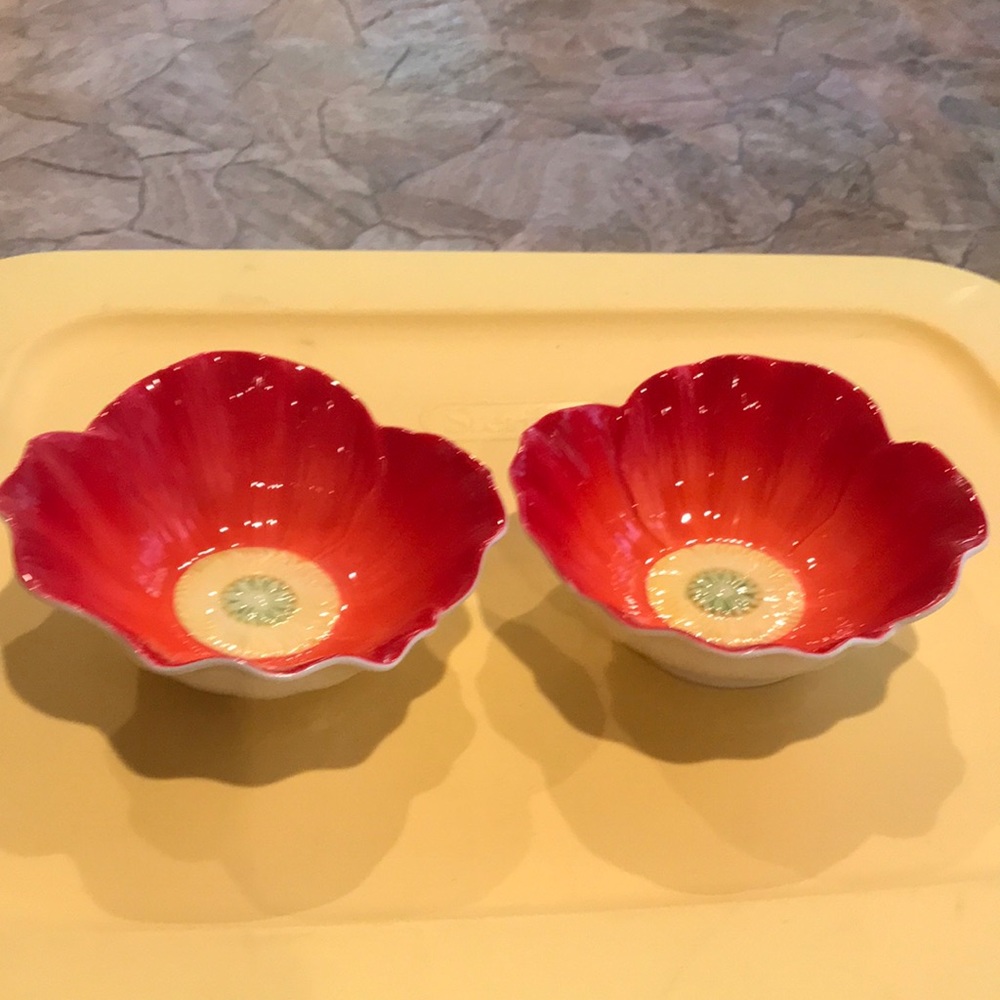 PIER 1 - Two (2) Red Yellow Flower Bowls Ice Cream Dishes - Picture 1 of 16